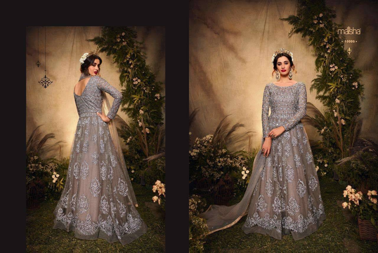 Saumya Long Wedding gown by Maisha Designer Stylish Fancy Party Wear & Ethnic Wear Collection Net Gowns With Dupatta At Wholesale Price
